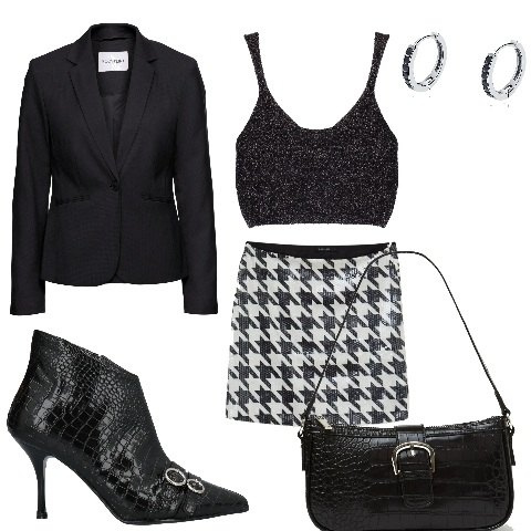 Outfit donna - Serata fuori. Stile Trendy per Serata fuori. Abbinamento con blazer, stivaletti, orecchini, minigonne, borse a spalla, top.