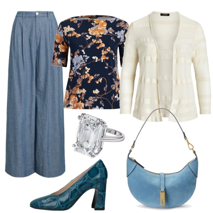 Outfit donna - Curvy romantica. Stile Romantica per Serata fuori. Abbinamento con décolleté, anelli, pantaloni, borse a spalla, cardigans, t-shirt.