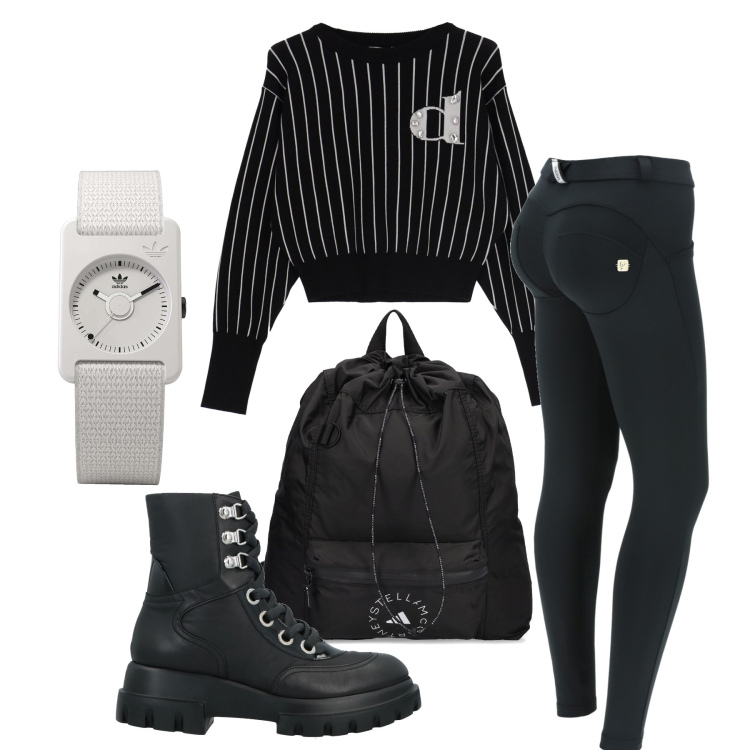 Outfit donna - Tempo libero. Stile Basic per Tutti i giorni. Abbinamento con stivaletti, pantaloni skinny, orologi, maglieria, zaini.