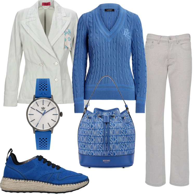 Outfit donna - Il bluette comodo. Stile Basic per Tutti i giorni. Abbinamento con espadrillas, blazer, orologi, maglieria, borse a secchiello, jeans.