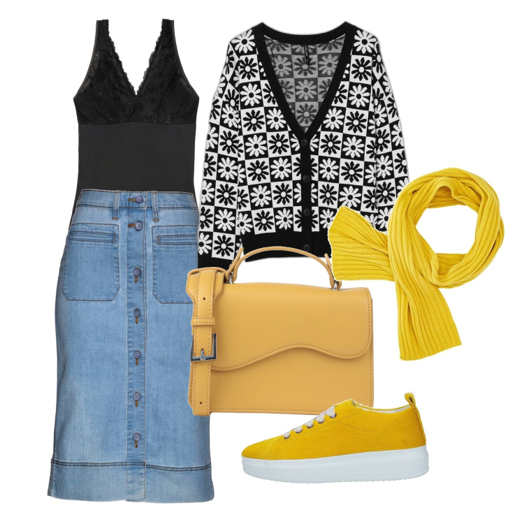 Outfit donna - Brezza di primavera. Stile Basic per Tutti i giorni. Abbinamento con gonne, top, sneakers, borse a mano, cardigans, sciarpe.