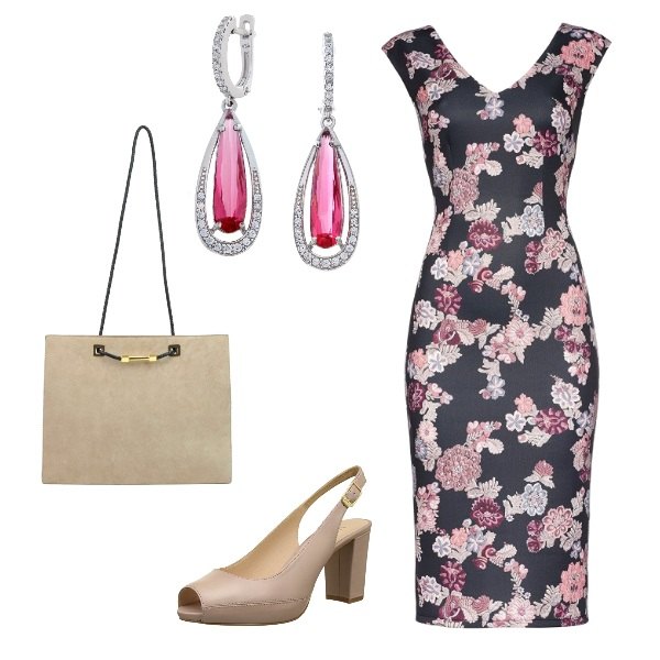 Outfit donna - Vestito a fiori. Stile Bon Ton per Serata fuori. Abbinamento con vestito al ginocchio con scollo senza maniche aderente nero, sandali open toe rosa, borsa a tracolla tote made italy con stampa effetto scamosciato con zip e manico, collana.