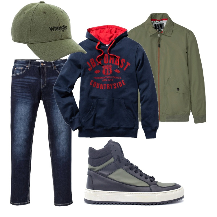 Outfit uomo - Urban #4181. Stile Urban per Tutti i giorni. Abbinamento con felpe con cappuccio, bomber, jeans slim fit, sneakers, cappelli con visiera.