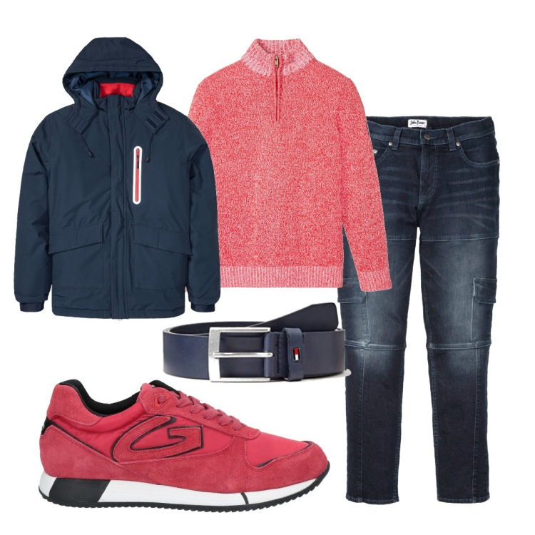 Outfit uomo - Blu e rosso...must have. Stile Casual per Tutti i giorni. Abbinamento con jeans slim fit, giacche, maglieria, sneakers, cinture.