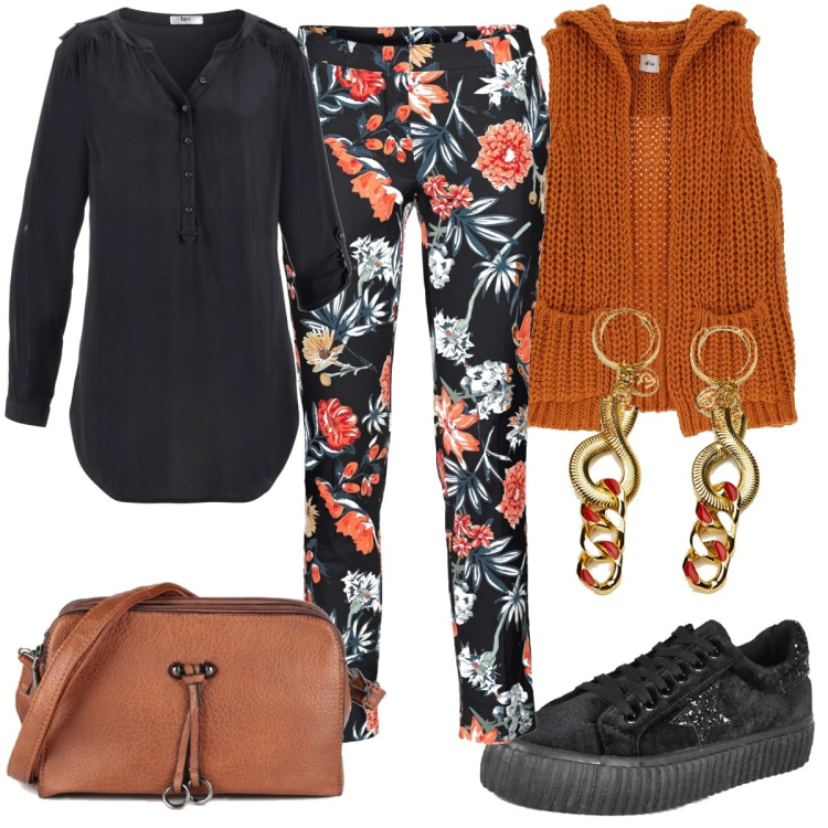 Outfit donna - Fiori per le Curvy. Stile Casual per Tutti i giorni. Abbinamento con tuniche, pantaloni, borse a mano, sneakers, orecchini, gilet.