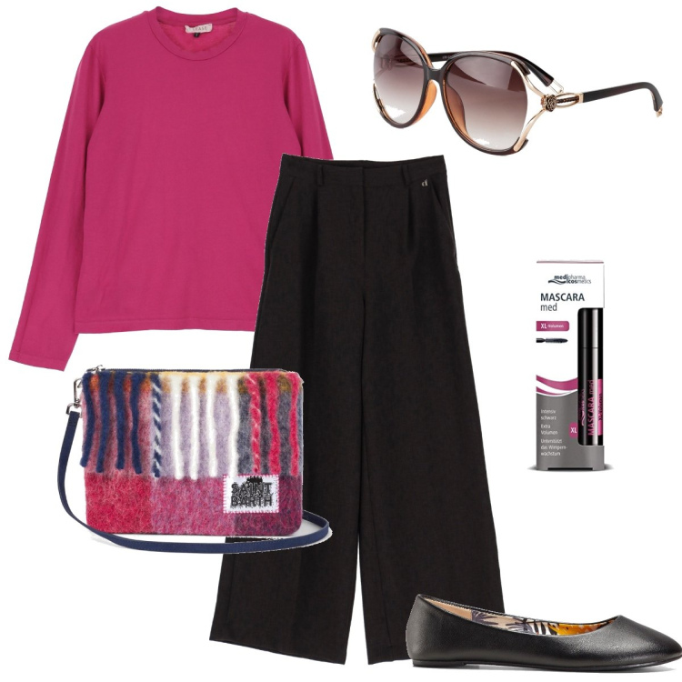 Outfit donna - La borsetta colorata. Stile Trendy per Tutti i giorni. Abbinamento con ballerine, occhiali da sole, maglieria, borse a tracolla, pantaloni a palazzo, mascara.
