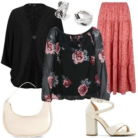 Outfit donna - BLusa floreale. Stile Glamour per Serata fuori. Abbinamento con cardigans, bluse, gonne lunghe, sandali col tacco, borse a mano, orecchini.