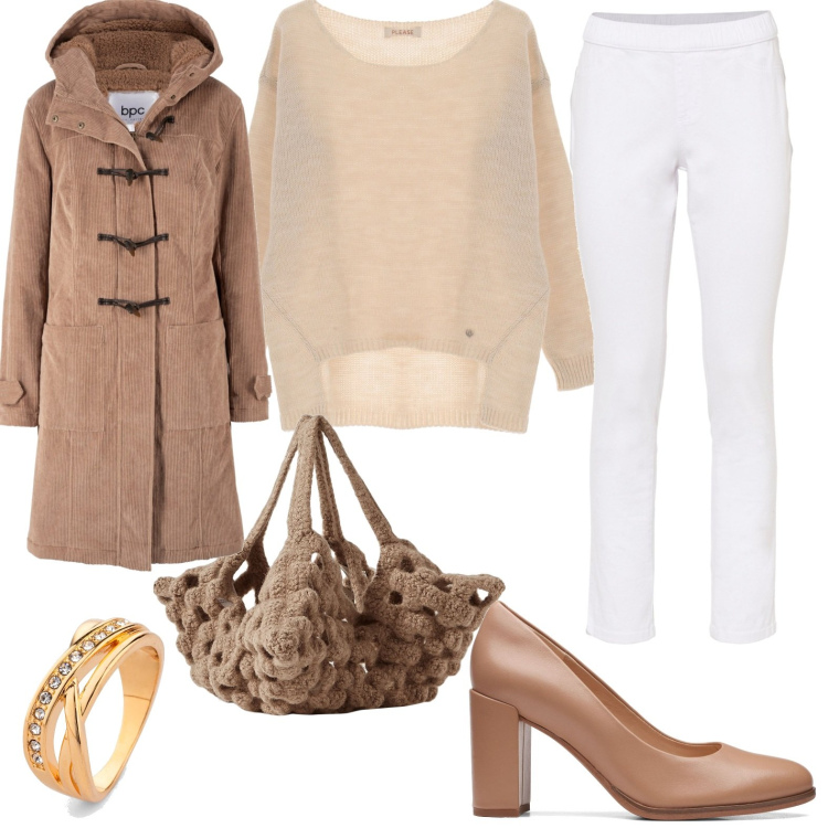 Outfit donna - Bianco e caramello per l\'ufficio. Stile Minimal per Ufficio. Abbinamento con montgomery, jeggings, anelli, borse a mano, maglieria, décolleté.