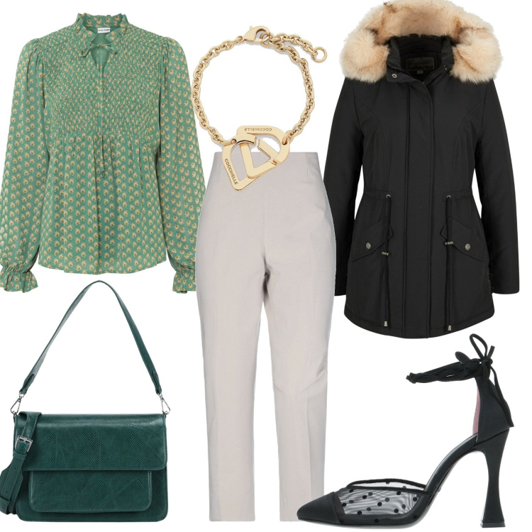 Outfit donna - Nero e verde. Stile Romantica per Tutti i giorni. Abbinamento con bluse, parka, pantaloni, borse a mano, décolleté, braccialetti.