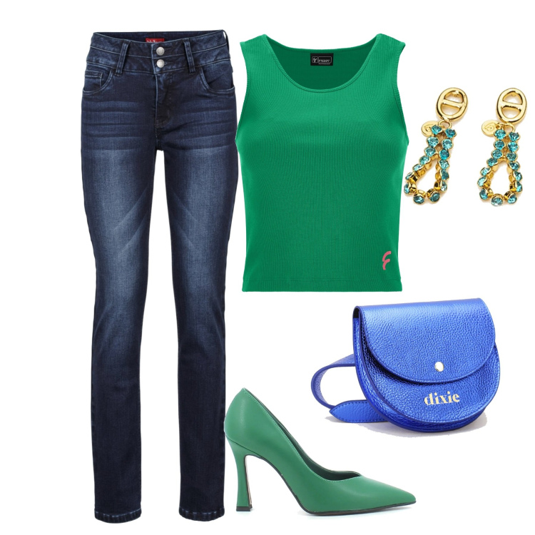 Outfit donna - In città. Stile Casual per Tutti i giorni. Abbinamento con jeans, orecchini, top, sandali, marsupi.