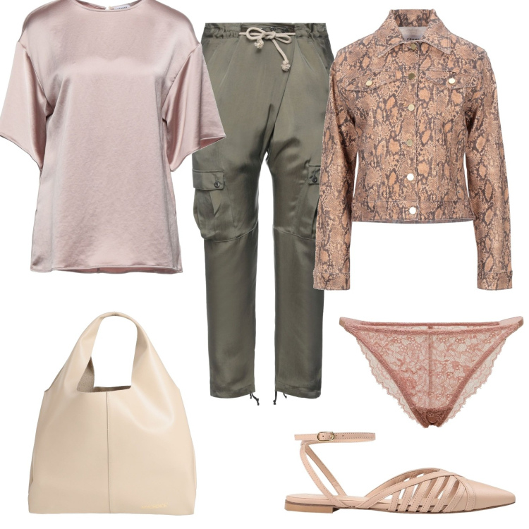 Outfit donna - Pantaloni cargo e blusa. Stile Military per Tutti i giorni. Abbinamento con ballerine, bluse, borse a mano, pantaloni cargo, giacche, slip.