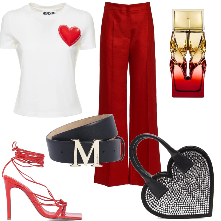 Outfit donna - Pantaloni rossi eleganti. Stile Chic per Serata fuori. Abbinamento con pantaloni, profumi, borse a mano, t-shirt, cinture, sandali in pelle.