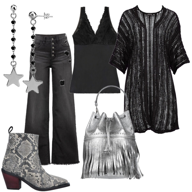 Outfit donna - Animalier e argento. Stile Boho per Tutti i giorni. Abbinamento con cardigans, top, jeans, borse a mano, stivaletti, orecchini.