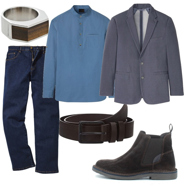 Outfit uomo - Casual e sobrio. Stile Casual per Tutti i giorni. Abbinamento con jeans dritti, camicie, giacche, stivali e stivaletti, anelli, cinture.