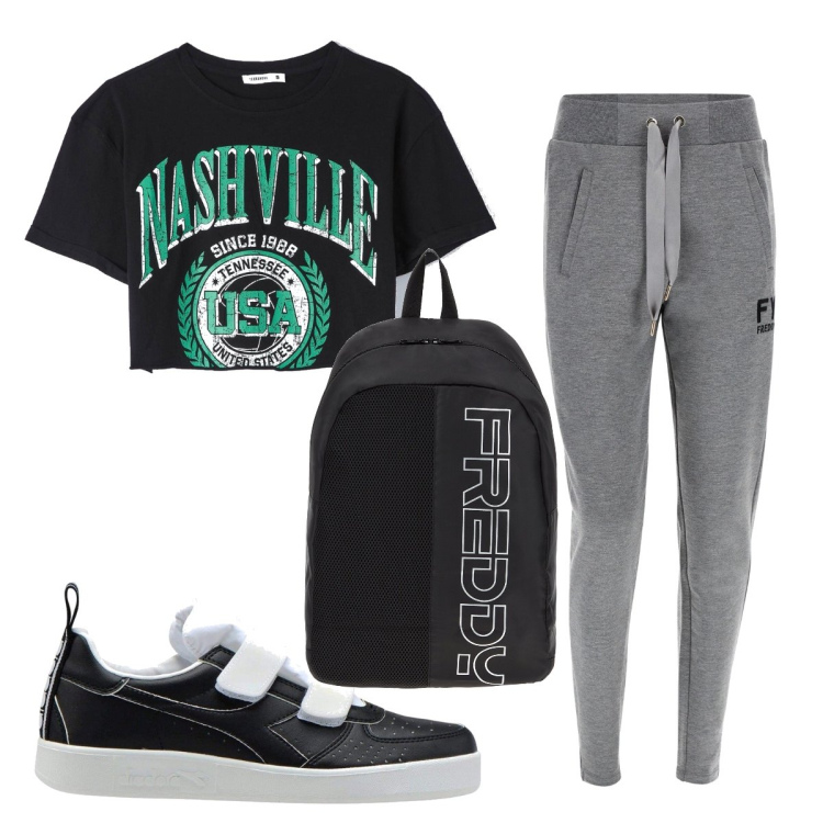 Outfit donna - Basic #4219. Stile Basic per Sport. Abbinamento con t-shirt, sneakers, zaini, pantaloni.