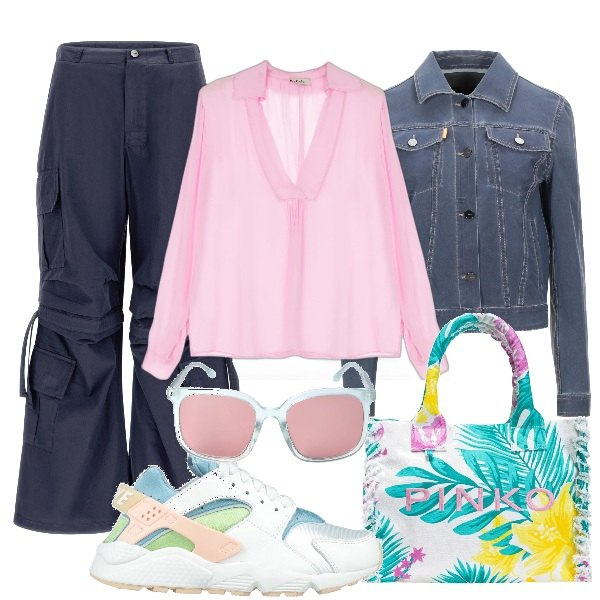 Outfit donna - We al mare. Stile Trendy per Mare. Abbinamento con sneakers, giacche, shopping bag, pantaloni cargo, camicie, occhiali da sole.