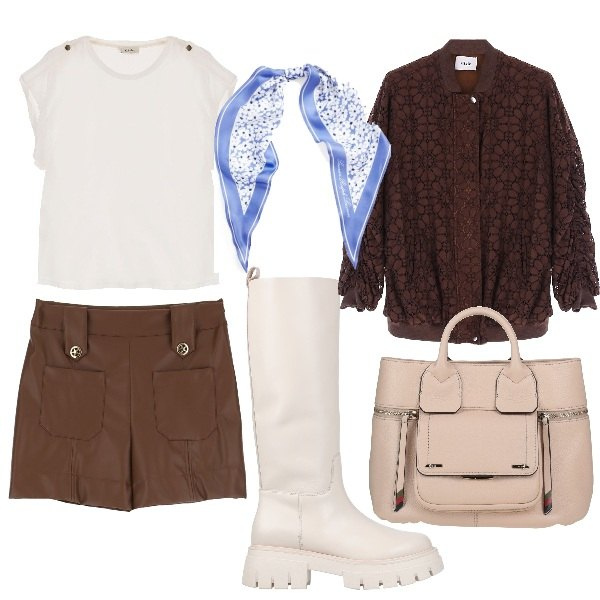 Outfit donna - Fuori le gambe. Stile Trendy per Tutti i giorni. Abbinamento con stivali, borse a mano, giacche, shorts, t-shirt, foulard.