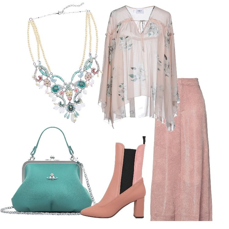 Outfit donna - Boho romantico. Stile Boho per Cerimonia. Abbinamento con stivaletti chelsea, pantaloni, bluse, ciondoli, borse a mano.