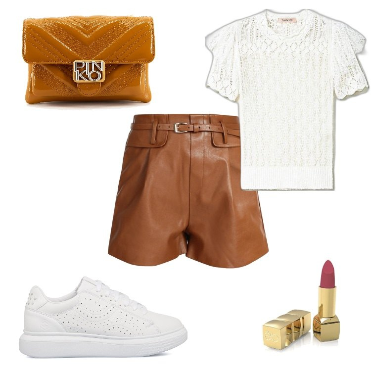 Outfit donna - Sneakers effetto pizzo. Stile Sporty chic per Tutti i giorni. Abbinamento con shorts, borse a tracolla, maglieria, sneakers, rossetti.