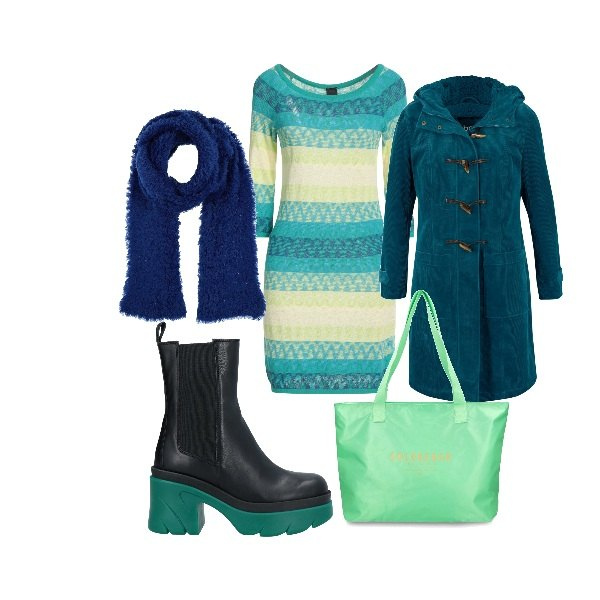Outfit donna - Calda con lo stivaletto gommato. Stile Urban per Tutti i giorni. Abbinamento con montgomery, vestiti corti, stivaletti, sciarpe, shopping bag.
