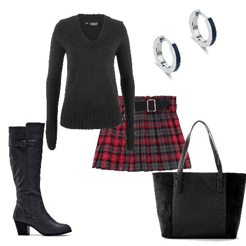 Outfit donna - Minigonna scozzese e maglioncino. Stile Trendy per Tutti i giorni. Abbinamento con stivali, shopping bag, maglieria, orecchini, minigonne.