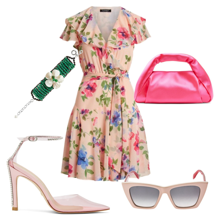 Outfit donna - Romantica floreale. Stile Romantica per Tutti i giorni. Abbinamento con braccialetti, borse tote, sandali col tacco, vestiti, occhiali da sole.