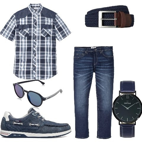 Outfit uomo - In jeans e camicia manica corta. Stile Casual per Tutti i giorni. Abbinamento con jeans dritti, camicie a manica corta, scarpe stringate, orologi analogici, cinture, occhiali da sole.