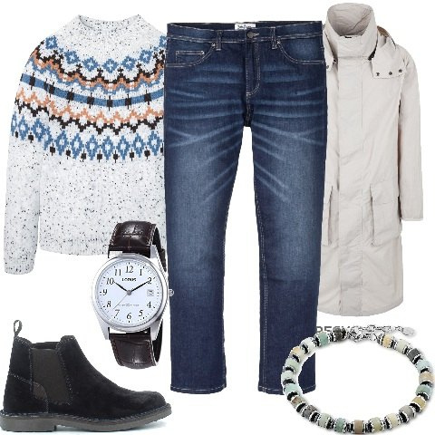 Outfit uomo - Il denim: pantaloni. Stile Casual per Tutti i giorni. Abbinamento con jeans dritti, maglieria, cappotti, braccialetti, stivali e stivaletti, orologi.