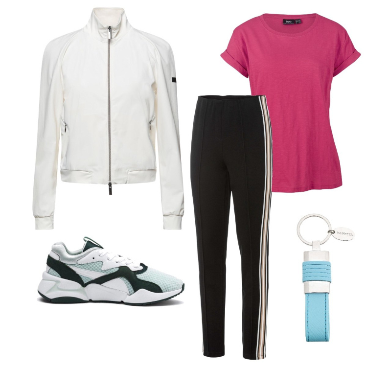 Outfit donna - Allenamento di running. Stile Sporty chic per Sport. Abbinamento con t-shirt, pantaloni, giacche, portachiavi, sneakers.