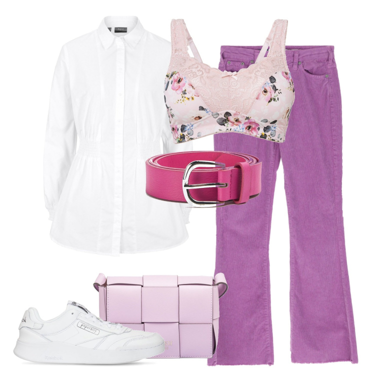 Outfit donna - La camicia con le pinces in vita. Stile Romantica per Tutti i giorni. Abbinamento con reggiseni, tuniche, cinture, jeans, borse a tracolla, sneakers.