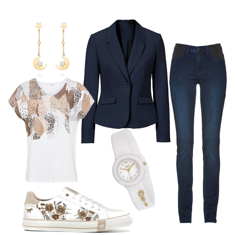 Outfit donna - Blue & white. Stile Casual chic per Ufficio. Abbinamento con jeans, maglieria, sneakers, blazer, orologi, orecchini.