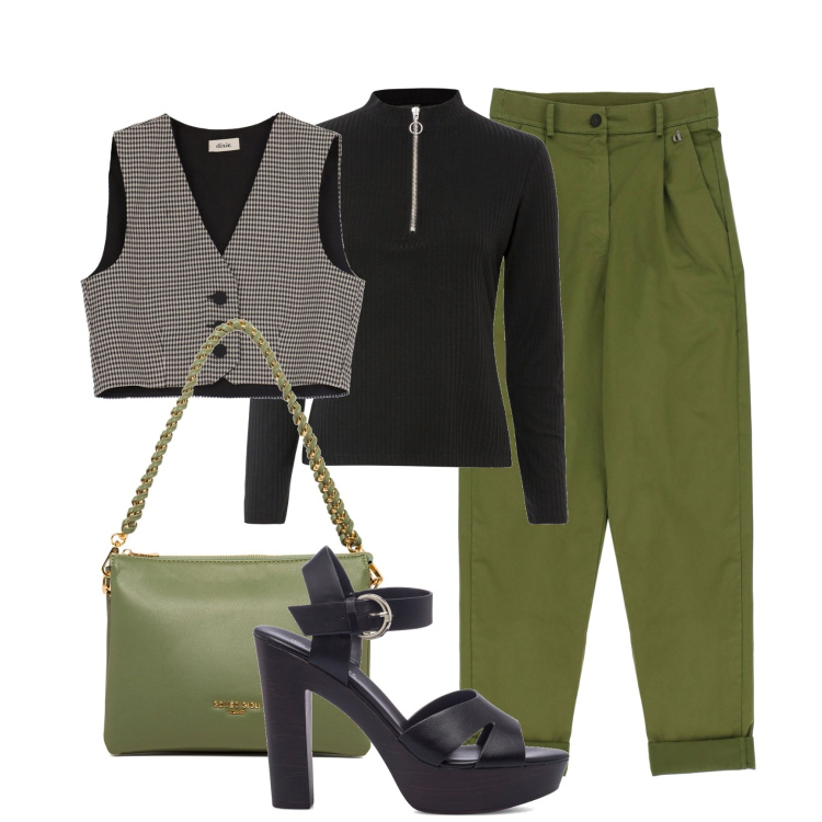 Outfit donna - In verde. Stile Urban per Tutti i giorni. Abbinamento con maglieria, pantaloni, gilet, sandali in pelle, borse a tracolla.