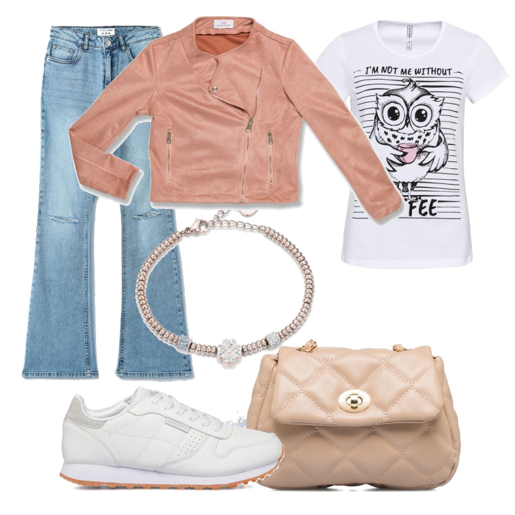 Outfit donna - Trendy girl. Stile Sporty chic per Scuola/Università. Abbinamento con t-shirt sportive, jeans a zampa, braccialetti, sneakers, cappotti, borse a tracolla.