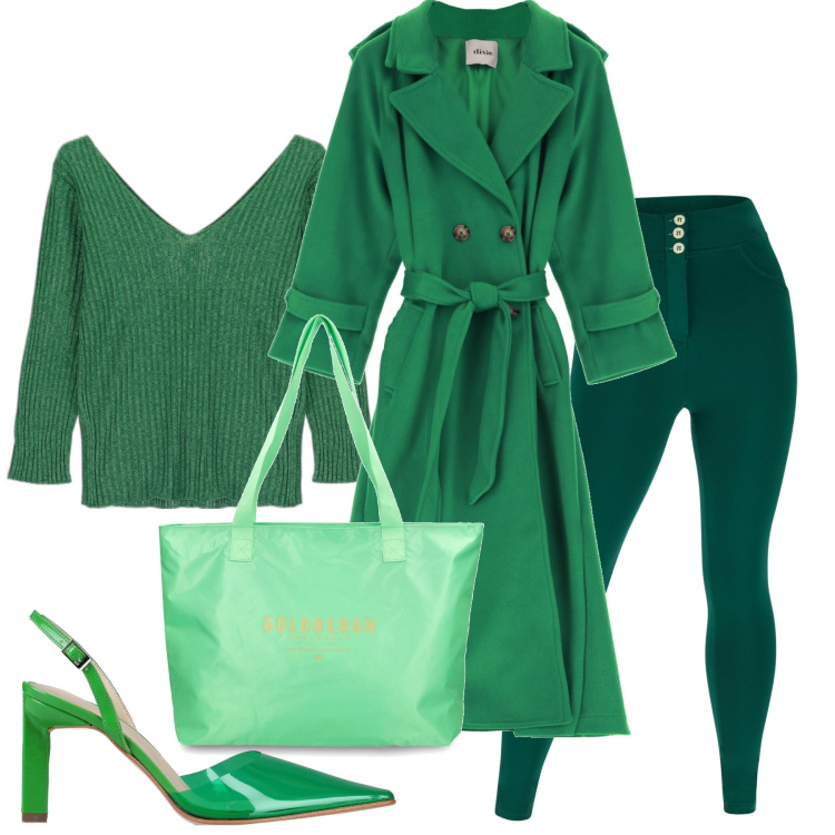 Outfit donna - Qualcosa di verde. Stile Casual chic per Tutti i giorni. Abbinamento con décolleté, pantaloni skinny, cappotti, maglieria, shopping bag.