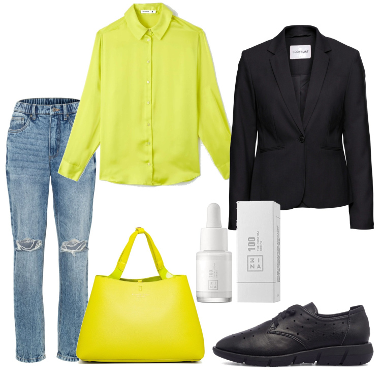 Outfit donna - Fluo. Stile Casual per Scuola/Università. Abbinamento con blazer, jeans mom, camicie, borse a spalla, scarpe stringate, fondotinta.