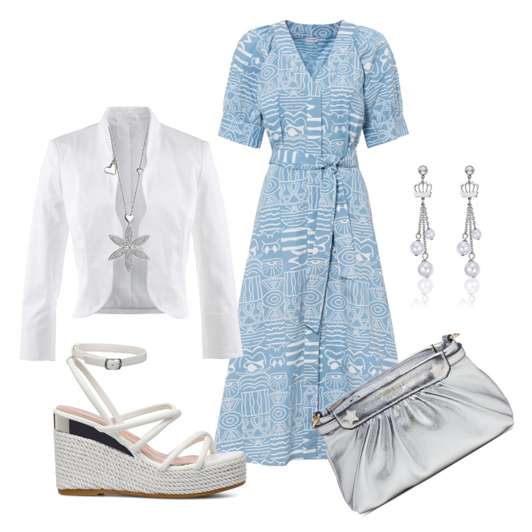 Outfit donna - Romantica in azzurro. Stile Romantica per Tutti i giorni. Abbinamento con blazer, vestiti, collane, orecchini, sandali in pelle, clutch.