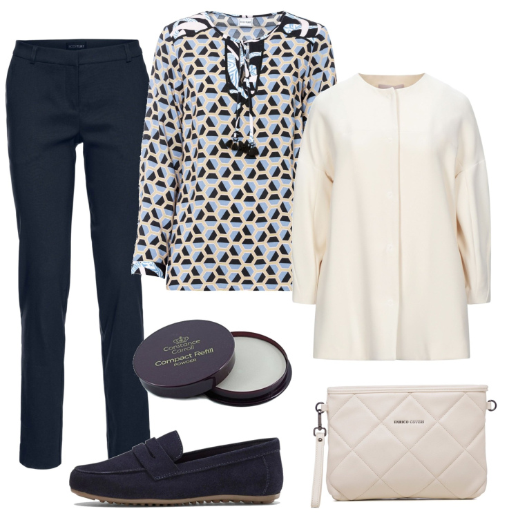 Outfit donna - Casual chic #6622. Stile Casual chic per Tutti i giorni. Abbinamento con pantaloni, mocassini, bluse, cappotti, borse a tracolla, ciprie.