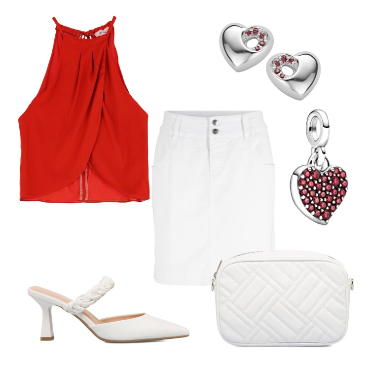 Outfit donna - Sexy bianco e rosso. Stile Sexy per Tutti i giorni. Abbinamento con minigonne, top, décolleté, borse a tracolla, orecchini, ciondoli.