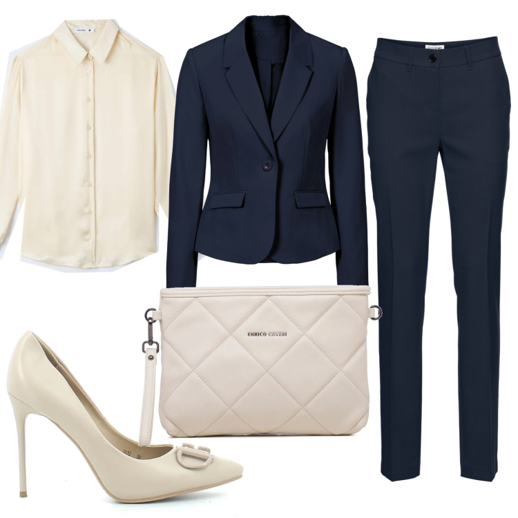Outfit donna - Riunione aziendale. Stile Chic per Ufficio. Abbinamento con pantaloni, blazer, camicie, sandali, borse a tracolla.