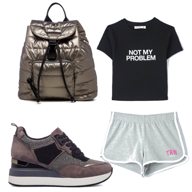 Outfit donna - Total look #1563715. Stile Trendy per Sport. Abbinamento con shorts, t-shirt, sneakers, zaini.