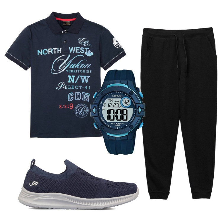 Outfit uomo - Total look #1563733. Stile Trendy per Sport. Abbinamento con polo, pantaloni, sneakers, orologi digitali.