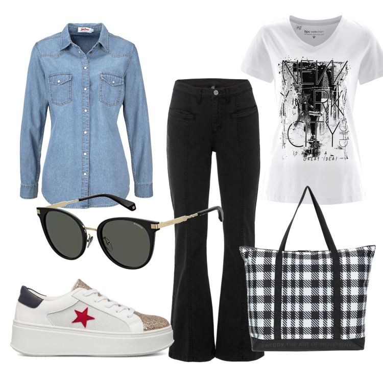 Outfit donna - Giovane. Stile Casual per Tutti i giorni. Abbinamento con camicie, pantaloni, t-shirt, borse tote, sneakers, occhiali da sole.