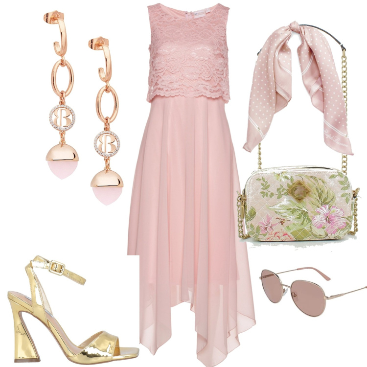 Outfit donna - Cerimonia in rosa. Stile Chic per Cerimonia. Abbinamento con vestiti midi/longuette, sandali col tacco, orecchini, clutch, foulard, occhiali da sole.