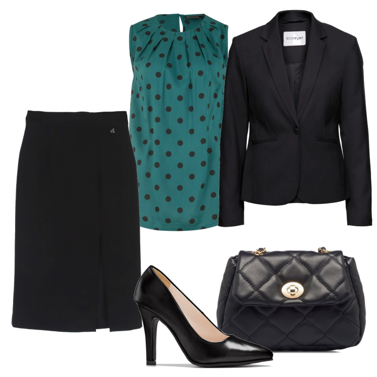 Outfit donna - Pois in ufficio. Stile Casual chic per Ufficio. Abbinamento con blazer, top, décolleté, gonne longuette, borse a tracolla.