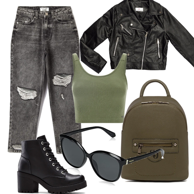 Outfit donna - Urban e Rock. Stile Urban per Tutti i giorni. Abbinamento con stivaletti, jeans mom, top, zaini, cappotti, occhiali da sole.