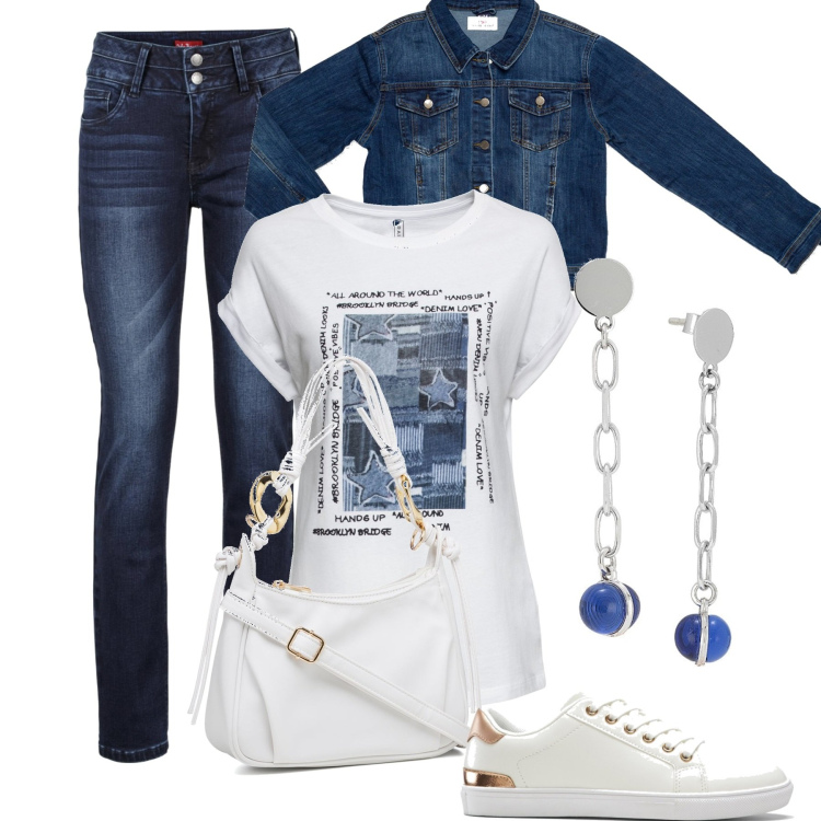 Outfit donna - In città. Stile Casual per Tutti i giorni. Abbinamento con jeans, maglieria, sneakers, orecchini, borse a mano, cappotti.