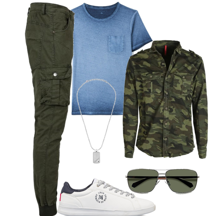 Outfit uomo - In città. Stile Casual per Tutti i giorni. Abbinamento con t-shirt, pantaloni cargo, camicie, sneakers, collane, occhiali da sole.