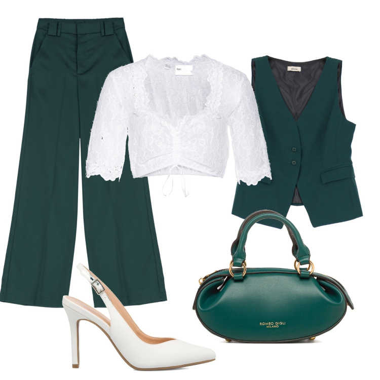 Outfit donna - Chic e Sexy. Stile Sexy per Serata fuori. Abbinamento con camicie, pantaloni a palazzo, gilet, borse a mano, décolleté.