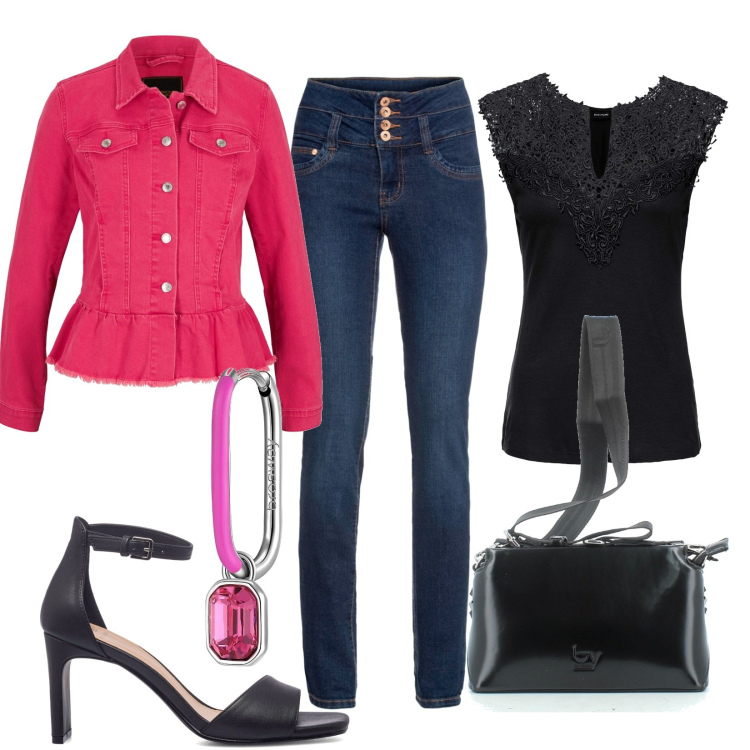 Outfit donna - Un amore di ragazza. Stile Romantica per Serata fuori. Abbinamento con top, jeans, giacche, orecchini, borse a tracolla, sandali in pelle.