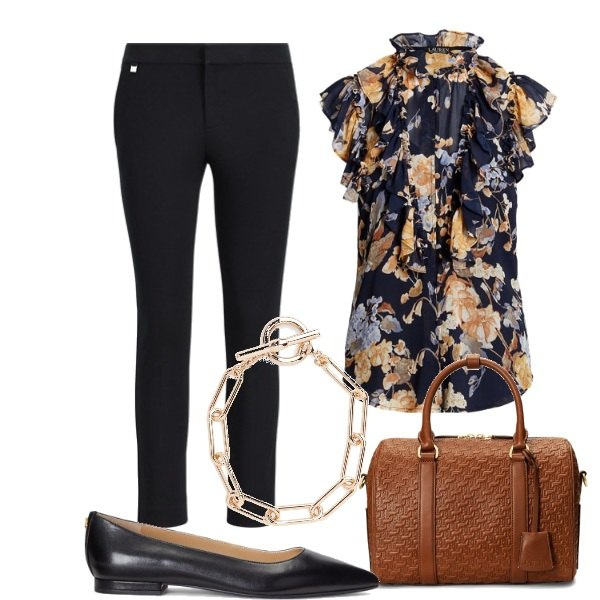 Outfit donna - Primavera con Ralph Laurent. Stile Chic per Tutti i giorni. Abbinamento con ballerine, camicie, borse a mano, pantaloni, braccialetti.